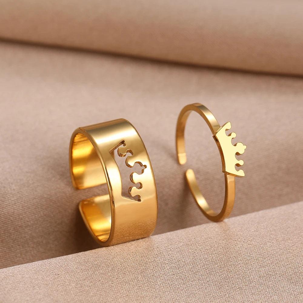Royal Crown Stainless Steel Adjustable Matching Couple Rings (2Pcs/Set) - Lovez Aqua© - Gold