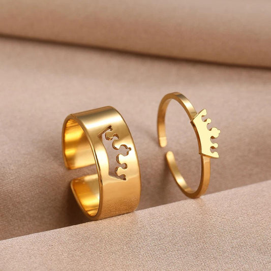 Royal Crown Stainless Steel Adjustable Matching Couple Rings (2Pcs/Set) - Lovez Aqua© - Gold