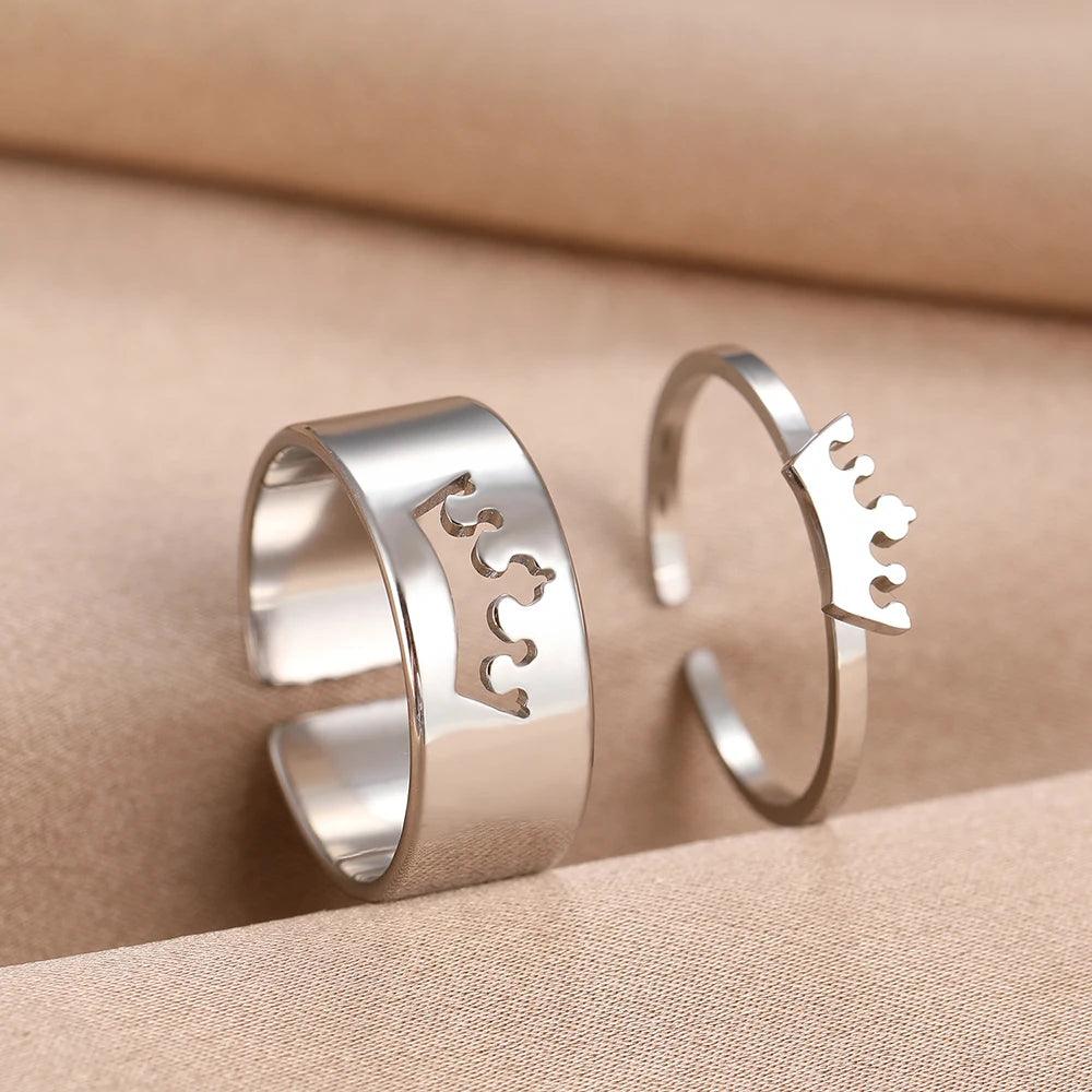 Royal Crown Stainless Steel Adjustable Matching Couple Rings (2Pcs/Set) - Lovez Aqua© - Silver