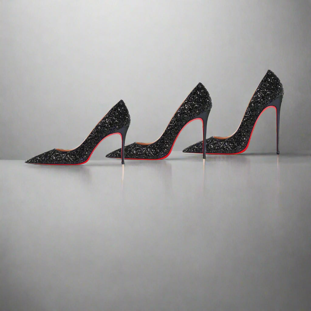 Luxury Women's Glitter Red Bottom High Heels with Pointed Toe - Lovez Aqua© -