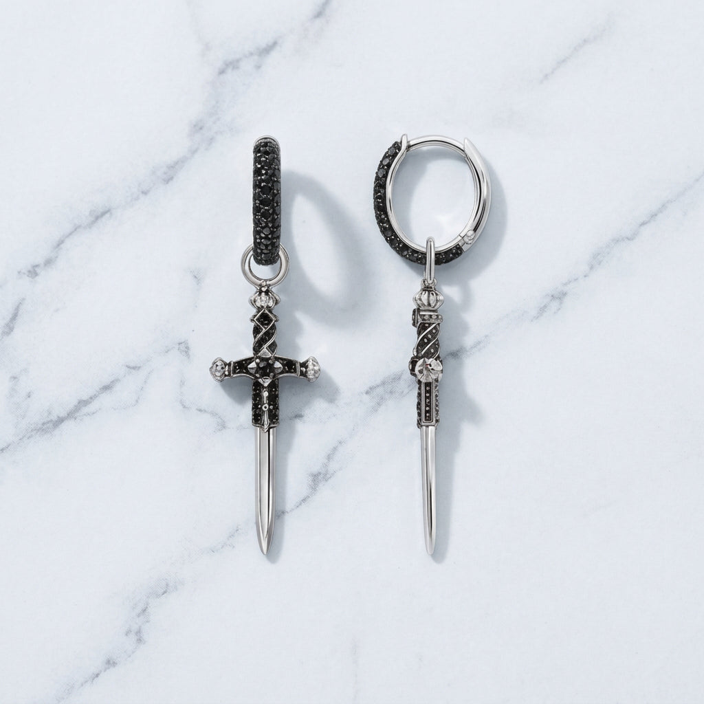 Women’s & Men’s 925 Sterling Silver Gothic Sword Huggie Hoop Medieval Dagger Earrings