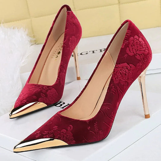 Luxury Women's Stiletto High Heels with Vintage Floral Embroidery & Metallic Pointed Toe