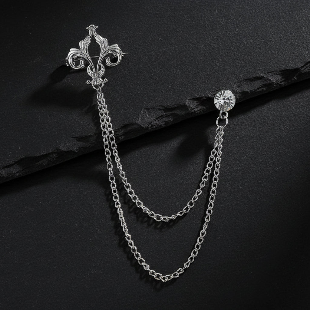 Elegant Fleur de Lis Men's Tassel Chain Brooch Pin with Rhinestone Embellishment - Lovez Aqua© - Silver