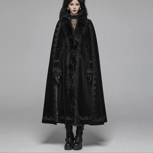 Luxury Gothic Black Embroidered Trench Coat Style Cloak with Fur Trim & Cape Sleeves