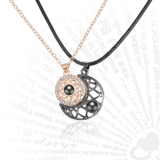 Sun & Moon Ying & Yang 100 Languages "I Love You" Projection Couple Necklaces - Lovez Aqua© - Rose Gold