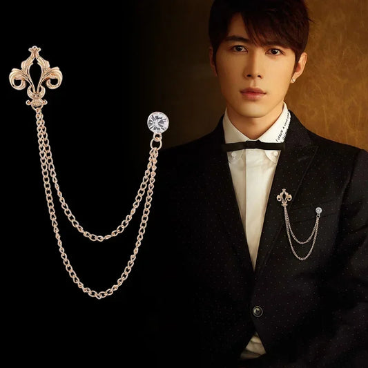 Elegant Fleur de Lis Men's Tassel Chain Brooch Pin with Rhinestone Embellishment - Lovez Aqua© -