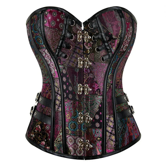 Luxury Victorian Gothic Steampunk Overbust Jacquard Bustier Lace-Up Corset