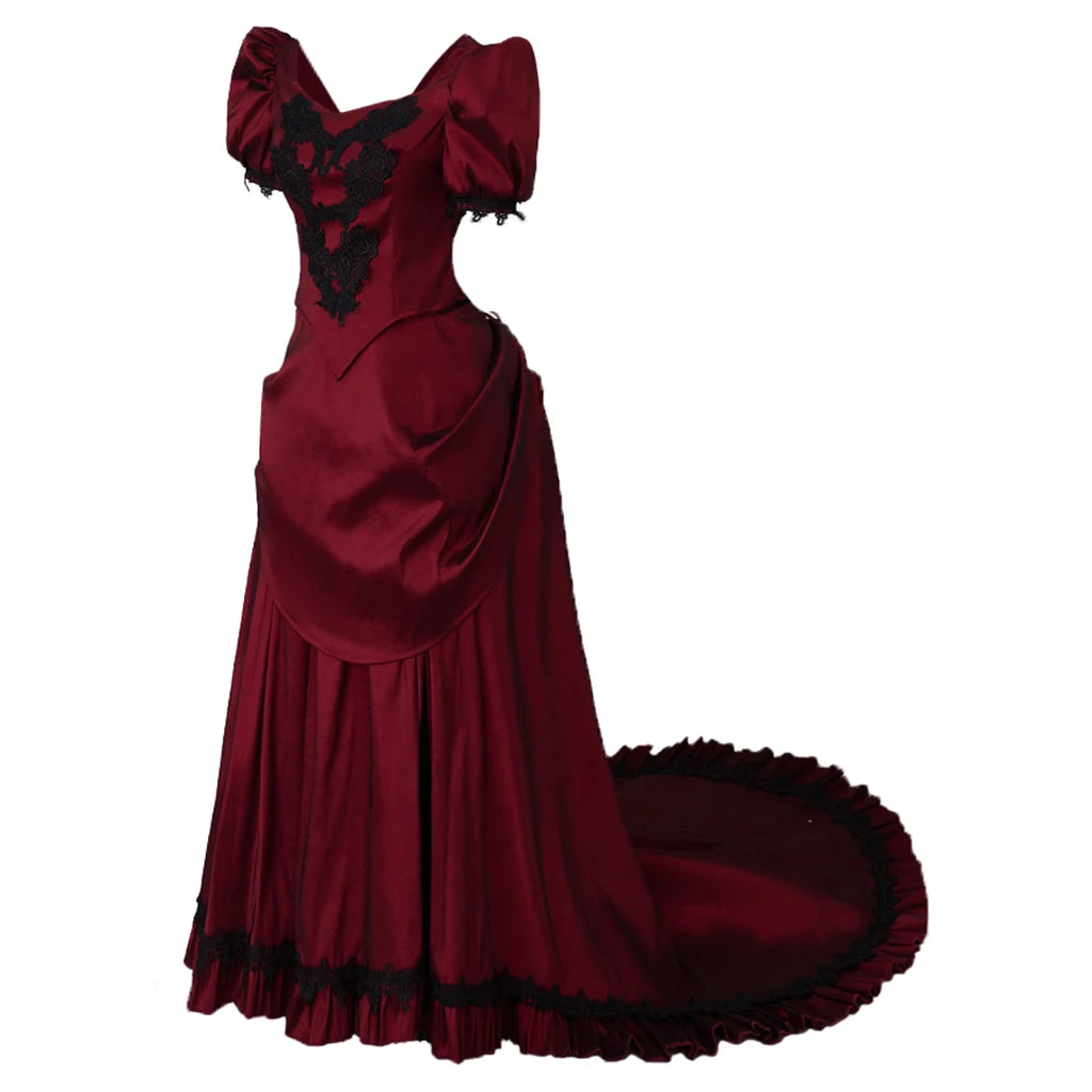Gothic Victorian Dark Red & Black Evening Gown with Lace Appliqué & Cap Sleeves
