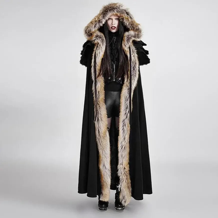 Gothic Renaissance Fur-Trimmed Hooded Women's Medieval Cloak with Ruffled Collar