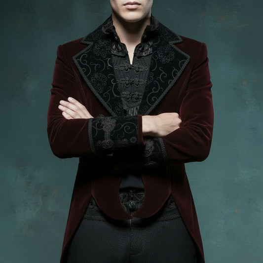 Men's Gothic Crimson Red & Black Embroidered Victorian Aristocrat Tailcoat Jacket