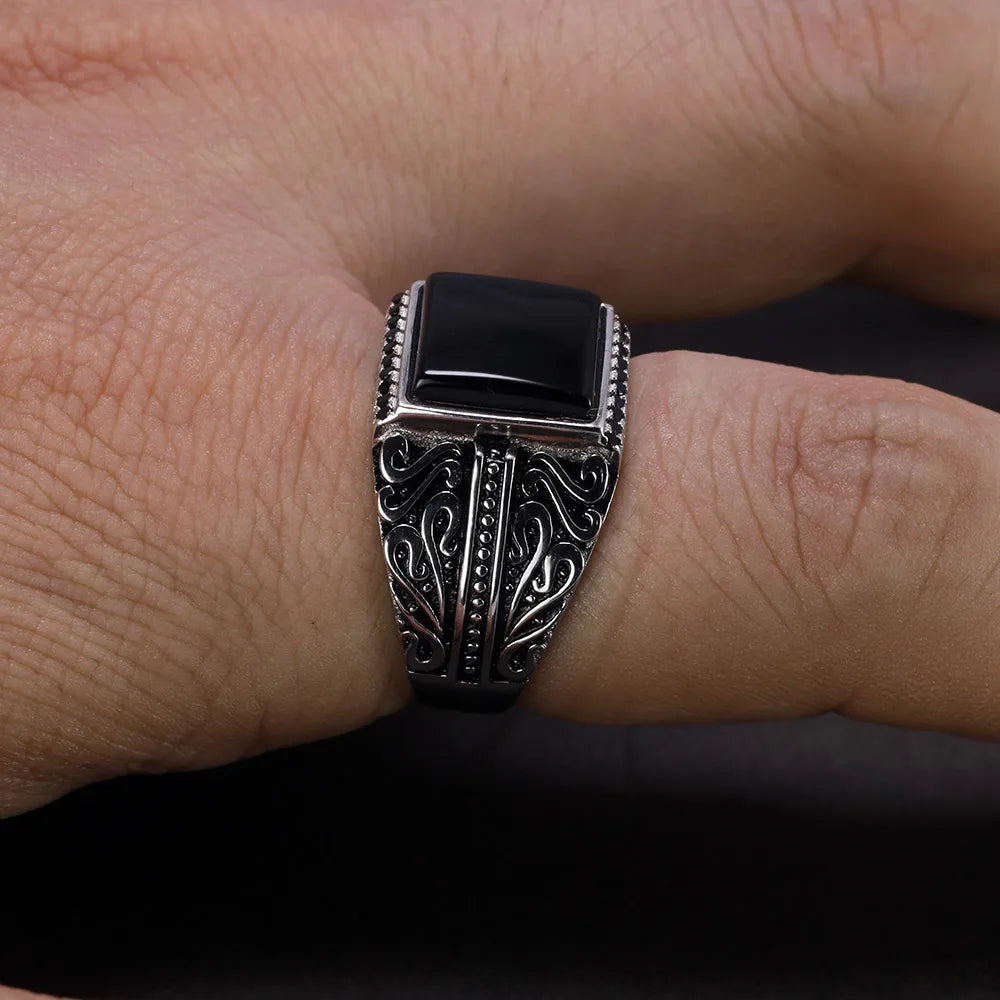 Men's Vintage S925 Sterling Silver Engraved Natural Onyx Stone Square Ring