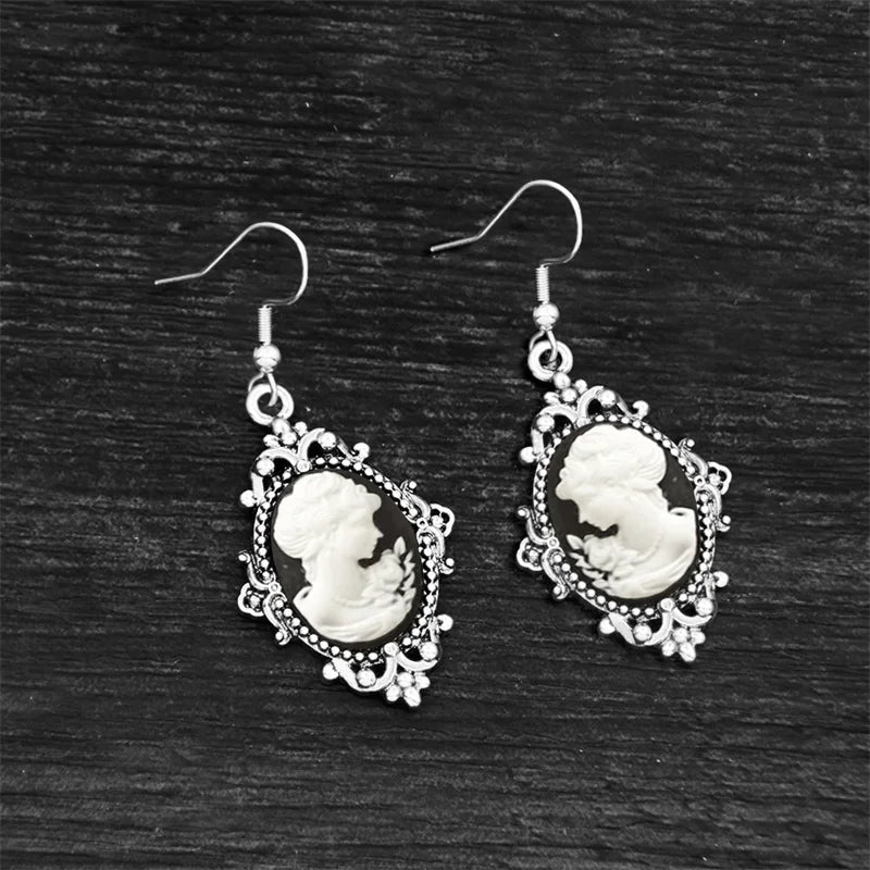 Women's Victorian Cameo Antique Portrait Edwardian Silver Filigree Drop Earrings