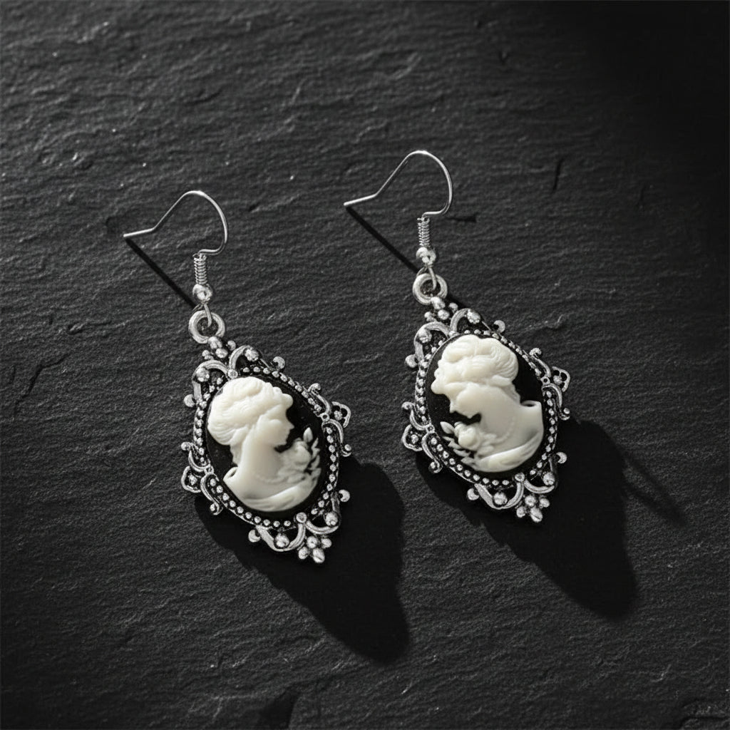 Women's Victorian Cameo Antique Portrait Edwardian Silver Filigree Drop Earrings