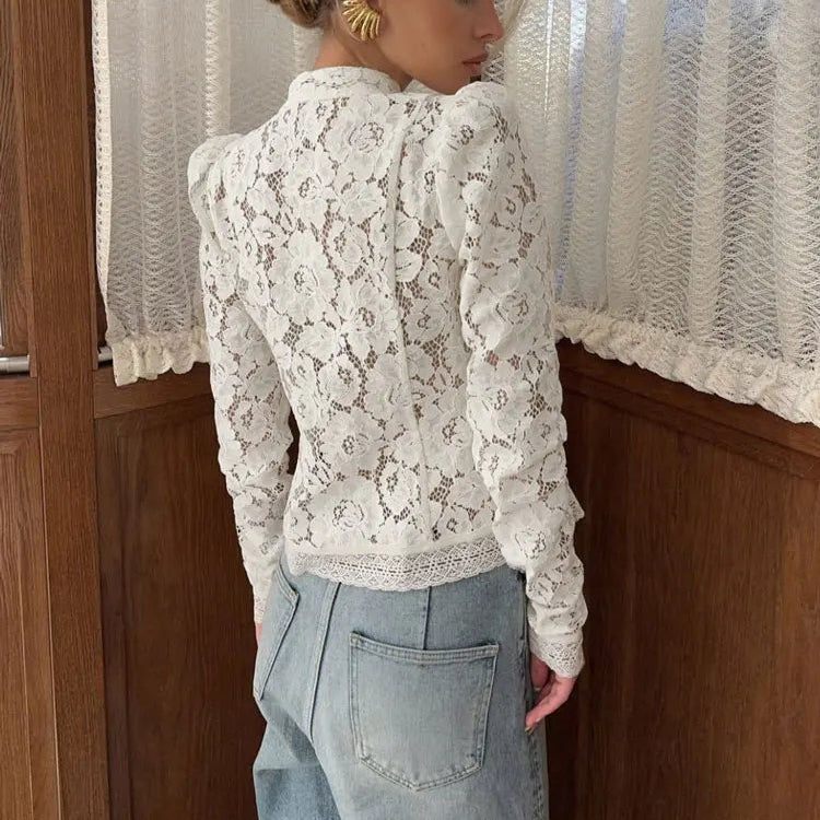 Women's Vintage Renaissance Embroidered Lace Blouse with High Neck Puff Sleeves