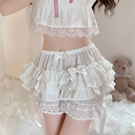 Vintage Lolita Style Pleated Heart Patterned Ruffle Women's Bloomers Panties