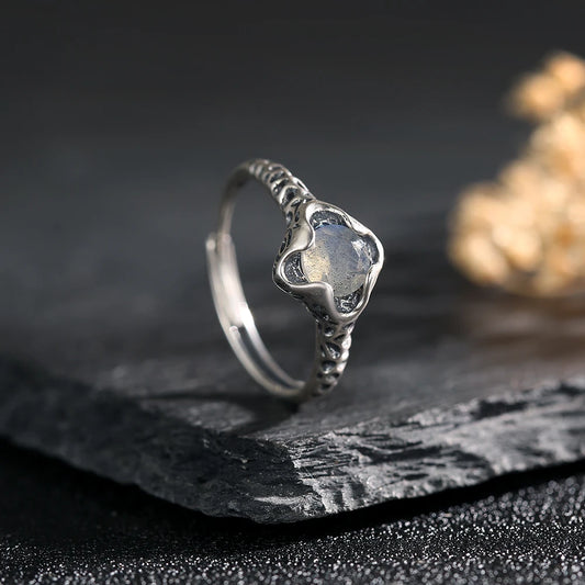 Women's S925 Sterling Silver Natural Moonstone Faceted Cut Gem Leopard Pattern Ring