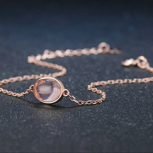 925 Sterling Silver Oval Rose Quartz 18K Gold Plated Women's Vintage Bracelet