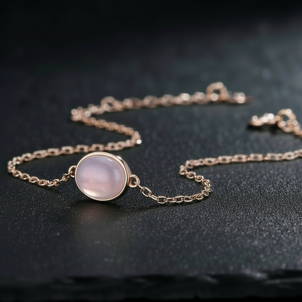 925 Sterling Silver Oval Rose Quartz 18K Gold Plated Women's Vintage Bracelet