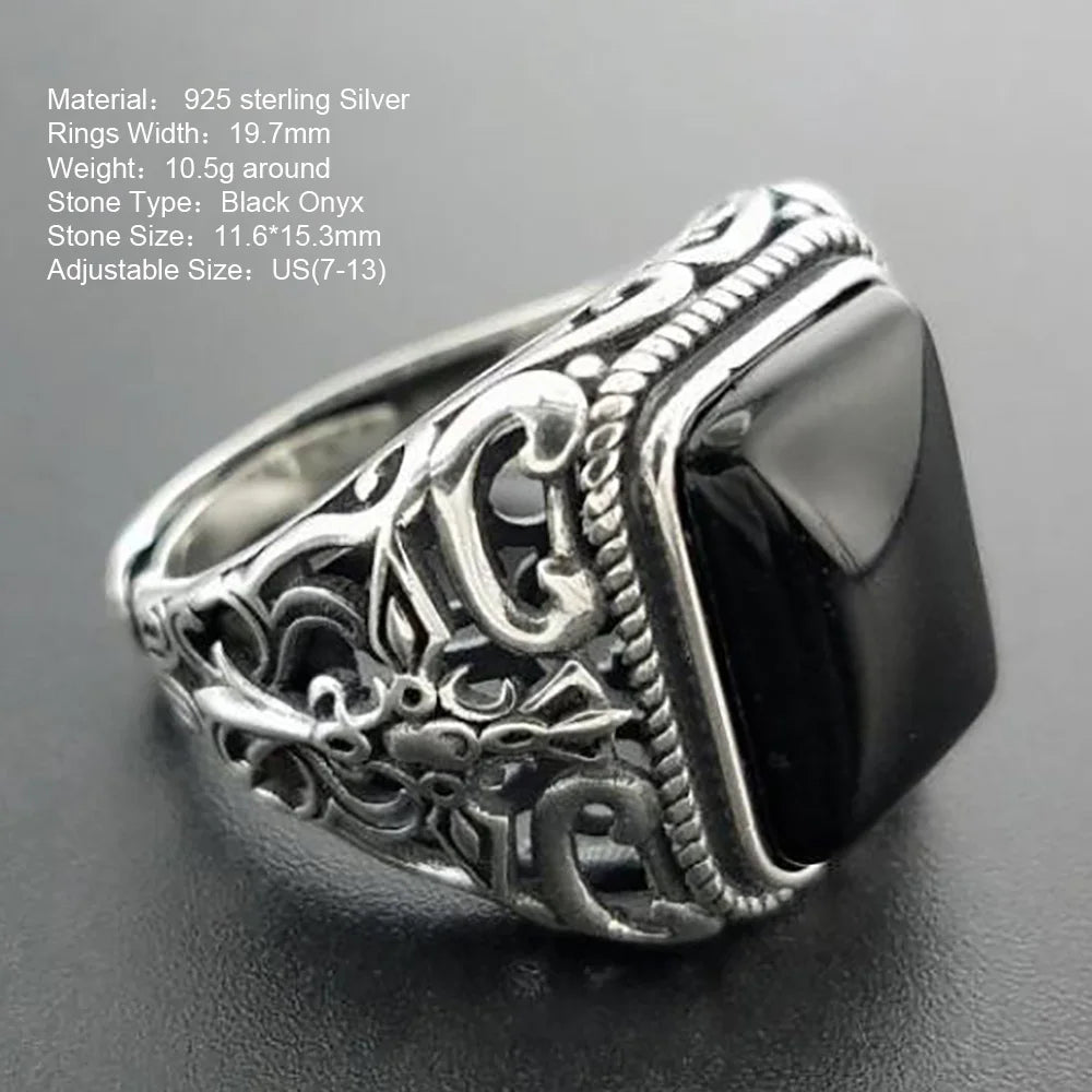 Men's S925 Sterling Silver Vintage Natural Black Onyx Square Hollow Cut Engraved Cross Ring