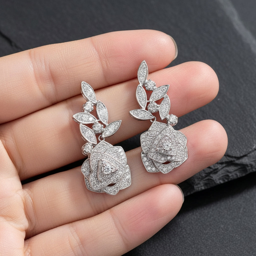 925 Sterling Silver Rose & Leaves Cubic Zirconia Women's Floral Drop Earrings