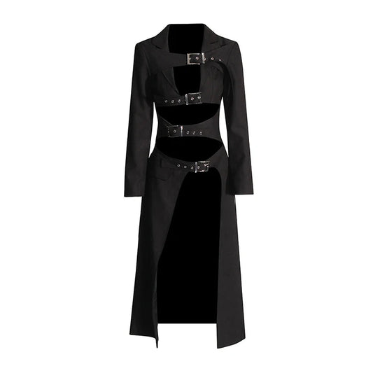 Women's Vintage Gothic Punk Black Asymmetrical Belted Long Trench Coat