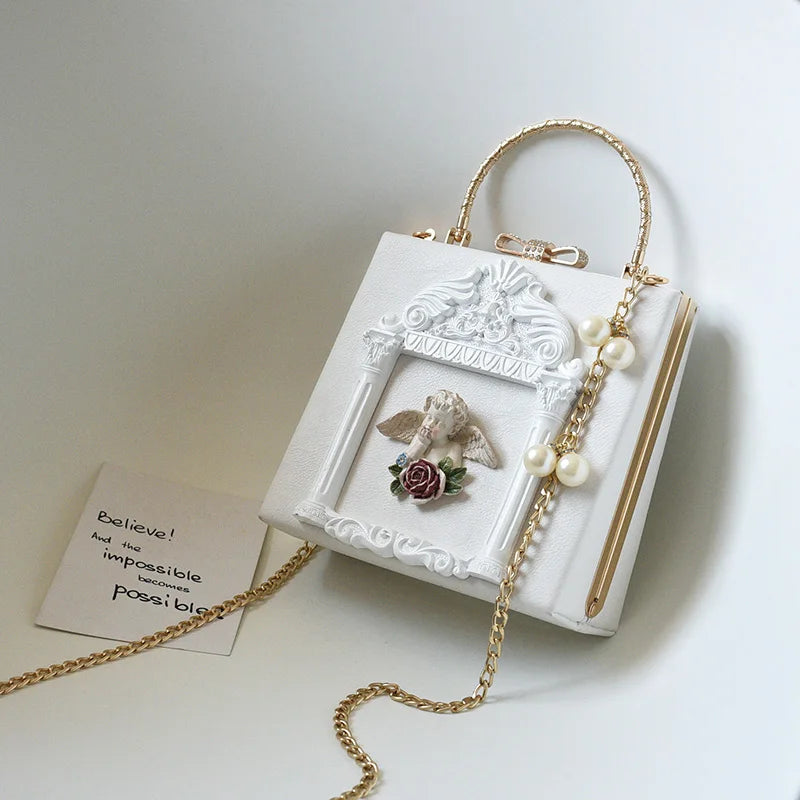 Luxury Cupid Angel Gilded Vintage Style Square Faux Leather Women's Handbag - Lovez Aqua© -