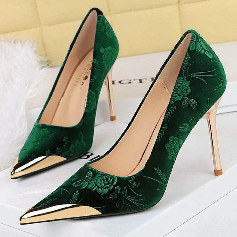Luxury Women's Stiletto High Heels with Vintage Floral Embroidery & Metallic Pointed Toe