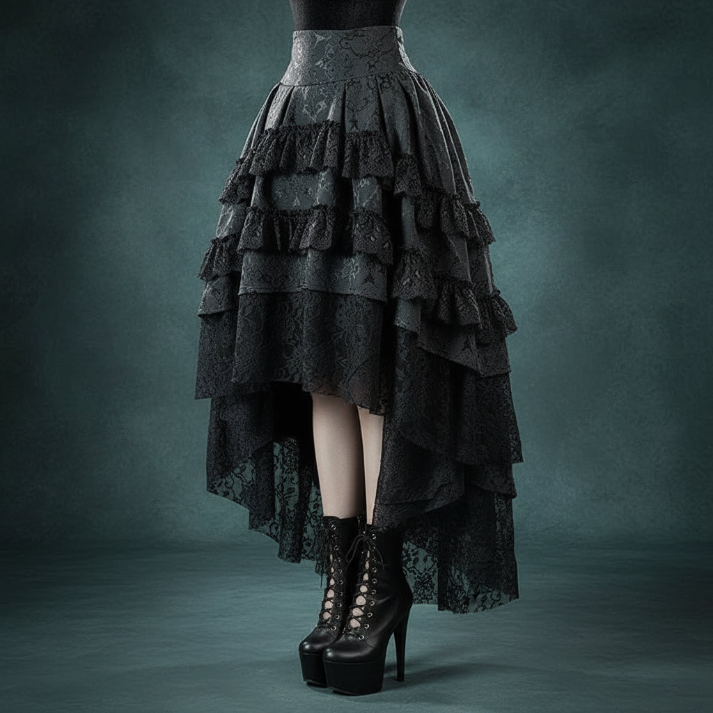 Victorian Gothic High-Low Women's Black Tiered Layered Jacquard Lace Corset Skirt