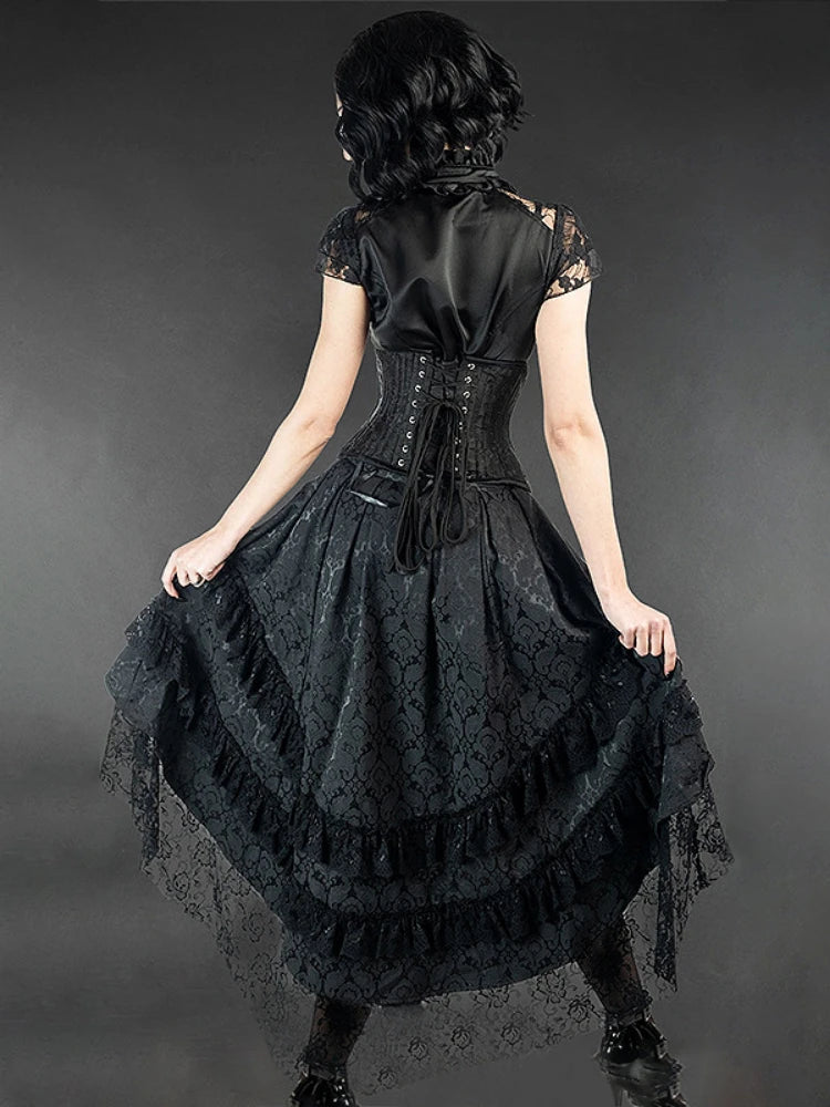 Victorian Gothic High-Low Women's Black Tiered Layered Jacquard Lace Corset Skirt