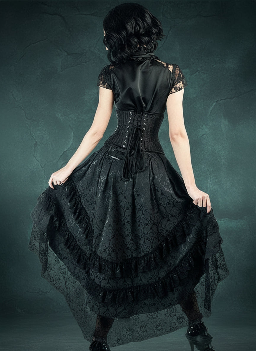 Victorian Gothic High-Low Women's Black Tiered Layered Jacquard Lace Corset Skirt