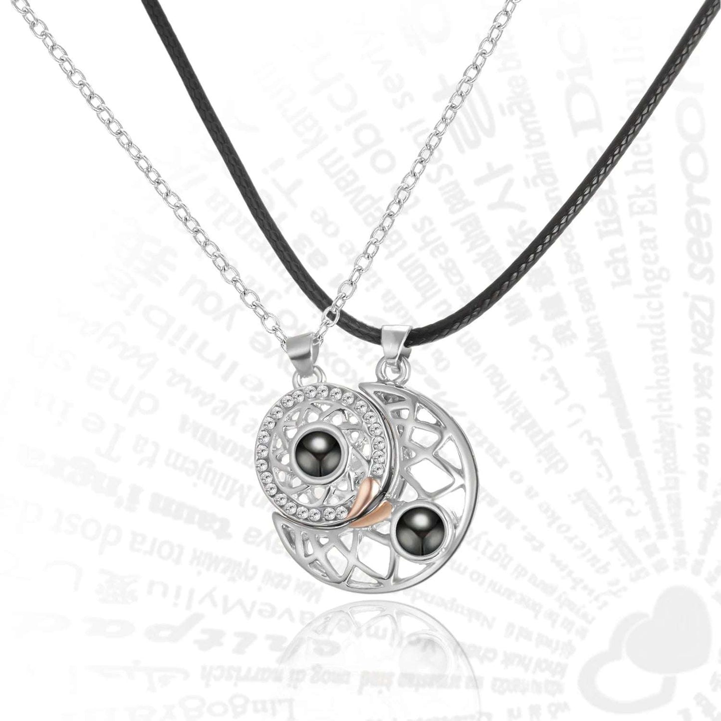 Sun & Moon Ying & Yang 100 Languages "I Love You" Projection Couple Necklaces - Lovez Aqua© - Silver