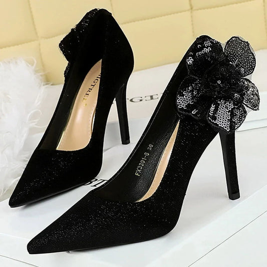 Luxury Women's Black Suede & Lace Flower Stiletto High Heel Pumps
