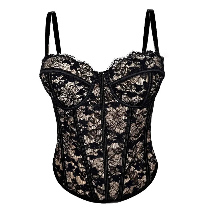 Gothic Floral Lace Women's Overbust Boned Corset Top with Sheer Mesh