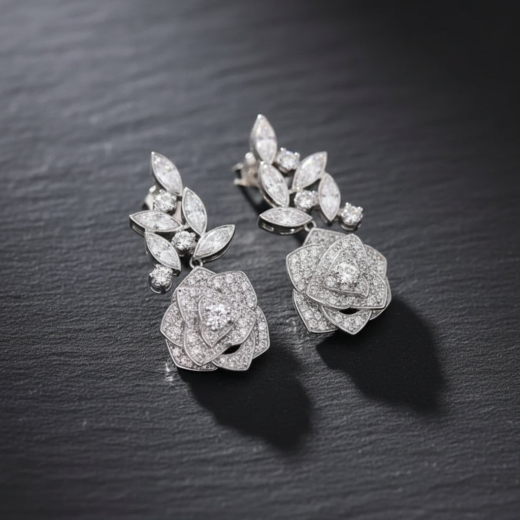 925 Sterling Silver Rose & Leaves Cubic Zirconia Women's Floral Drop Earrings