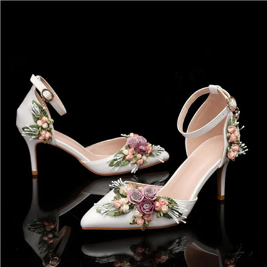 Women's Spring Wedding Floral Bouquet Satin Mary Jane High Heel Pumps
