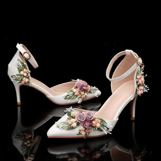 Women's Spring Wedding Floral Bouquet Satin Mary Jane High Heel Pumps