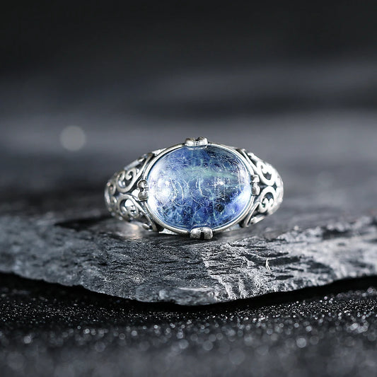 Vintage S925 Sterling Silver Natural Aquamarine Oval Engraved Unisex Ring