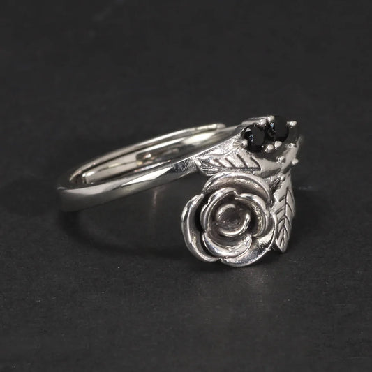 S925 Sterling Silver Vintage Rose Adjustable Women's Ring with Black Zircon