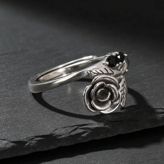 925 Sterling Silver Vintage Rose Adjustable Women's Ring with Black Zircon