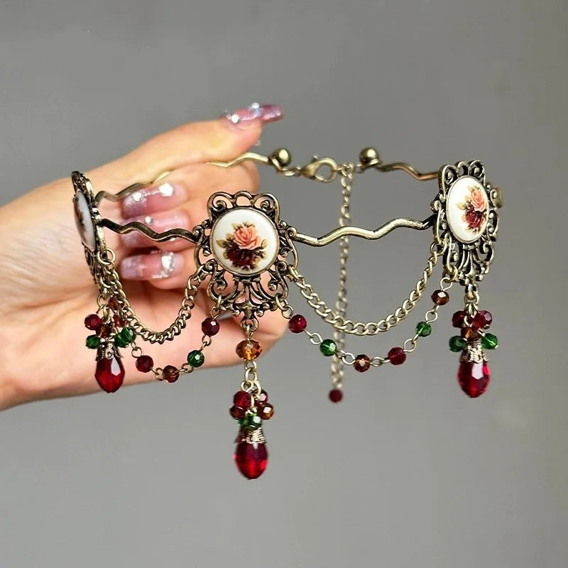 Vintage Edwardian Baroque Choker – Women’s Floral Cameo Medallion Necklace with Gemstone Tassels