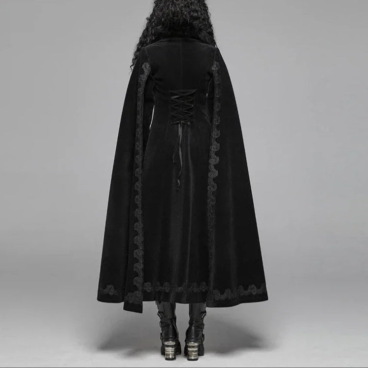 Luxury Gothic Black Embroidered Trench Coat Style Cloak with Fur Trim & Cape Sleeves