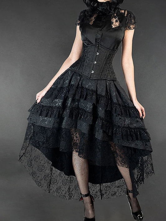 Victorian Gothic High-Low Women's Black Tiered Layered Jacquard Lace Corset Skirt