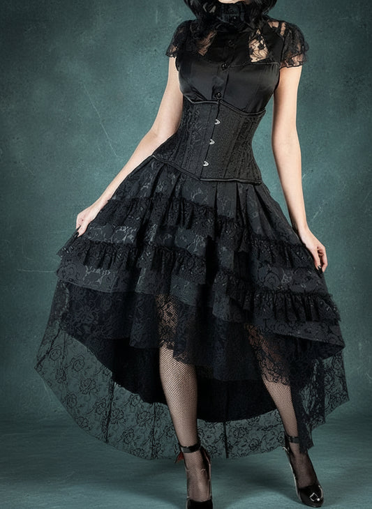 Victorian Gothic High-Low Women's Black Tiered Layered Jacquard Lace Corset Skirt