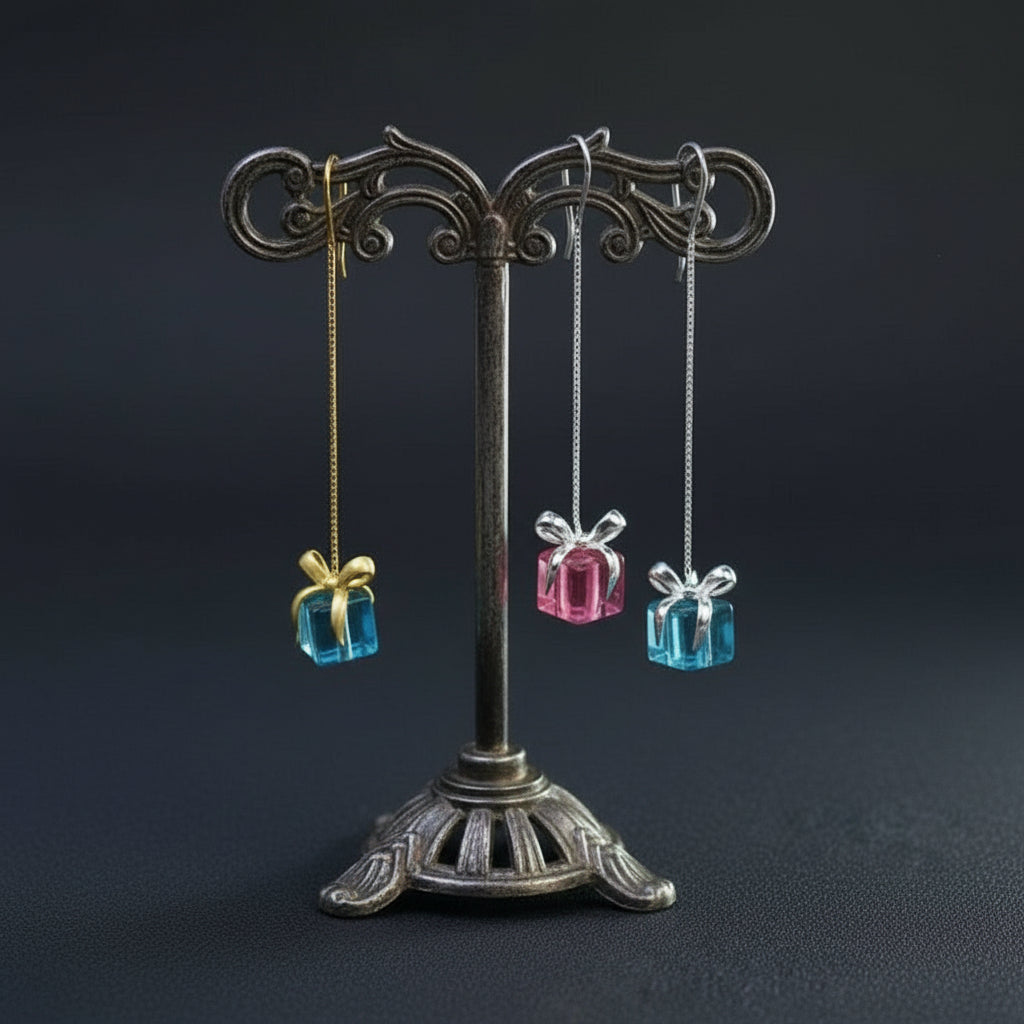 925 Sterling Silver Colorful Crystal Glass Christmas Presents Dangle Earrings - Lovez Aqua© -