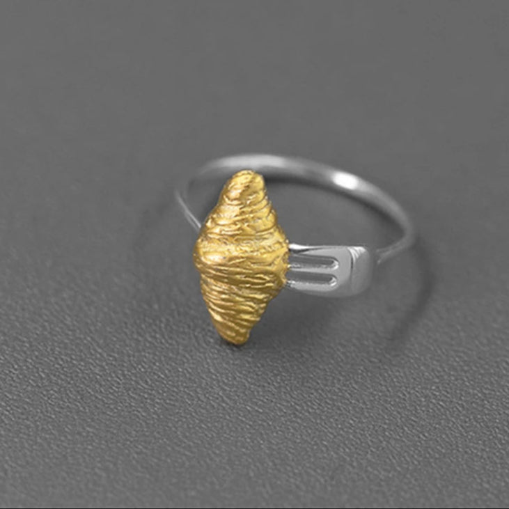 S925 Sterling Silver Two Tone 3D Croissant Fork Women's Open Ring - Lovez Aqua© -