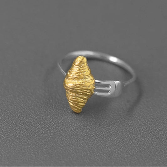 S925 Sterling Silver Two Tone 3D Croissant Fork Women's Open Ring - Lovez Aqua© -