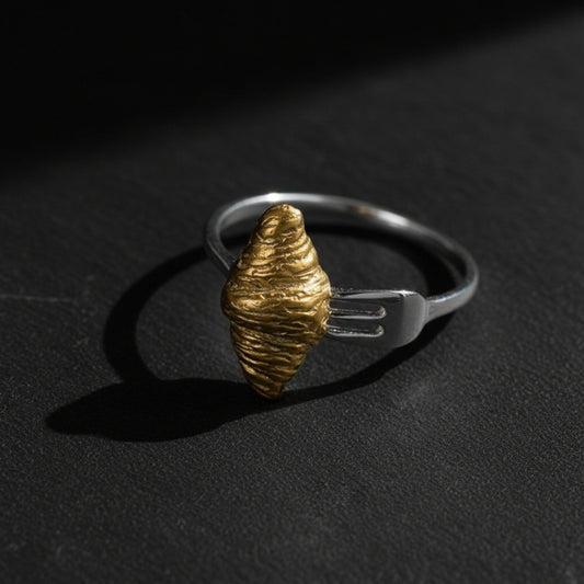 S925 Sterling Silver Two Tone 3D Croissant Fork Women's Open Ring - Lovez Aqua© -