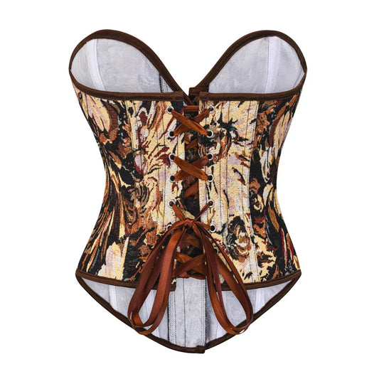 Women’s Brown Vintage Floral Jacquard Overbust Corset Top