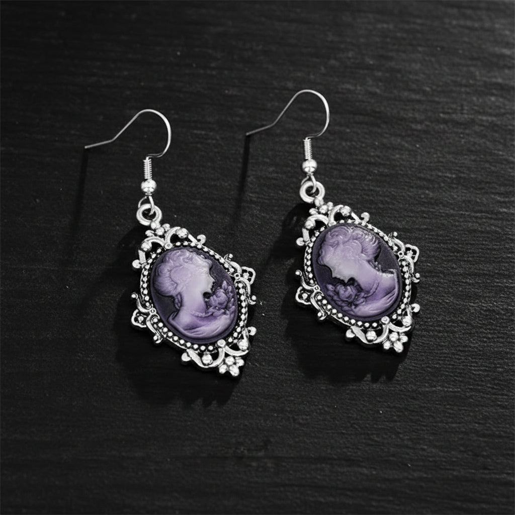 Women's Victorian Cameo Antique Portrait Edwardian Silver Filigree Drop Earrings