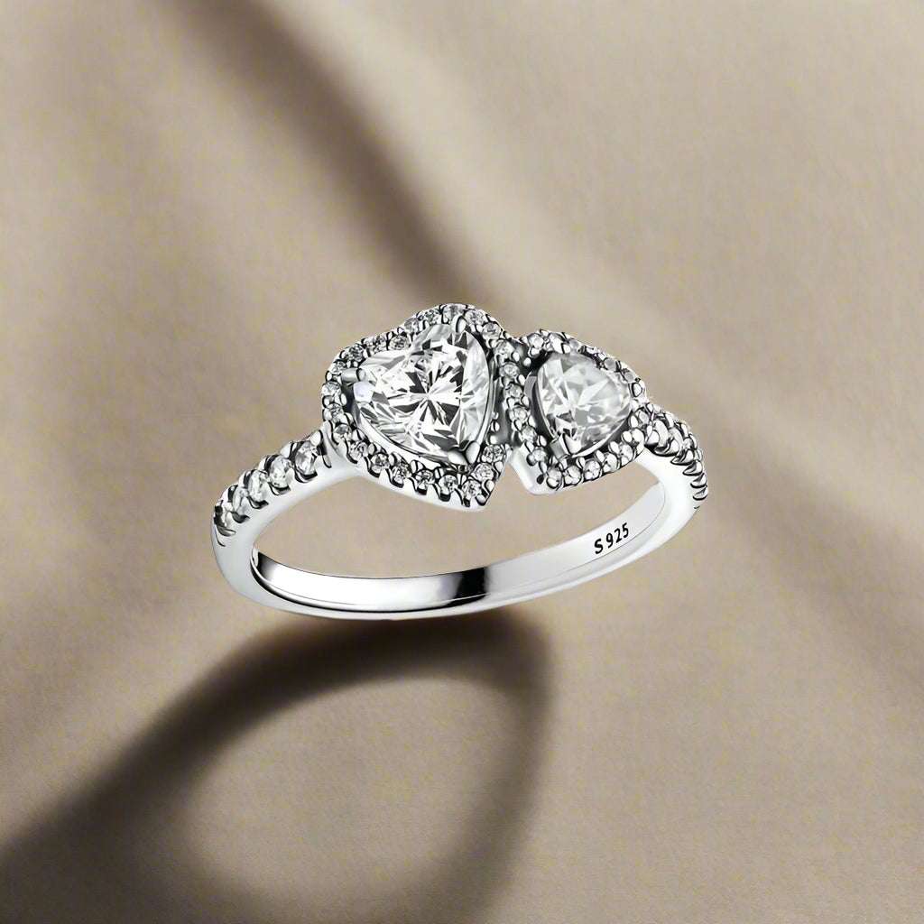 Pandora Replica Halo Hearts S925 Sterling Silver Double Heart Zircon Ring - Pandora -